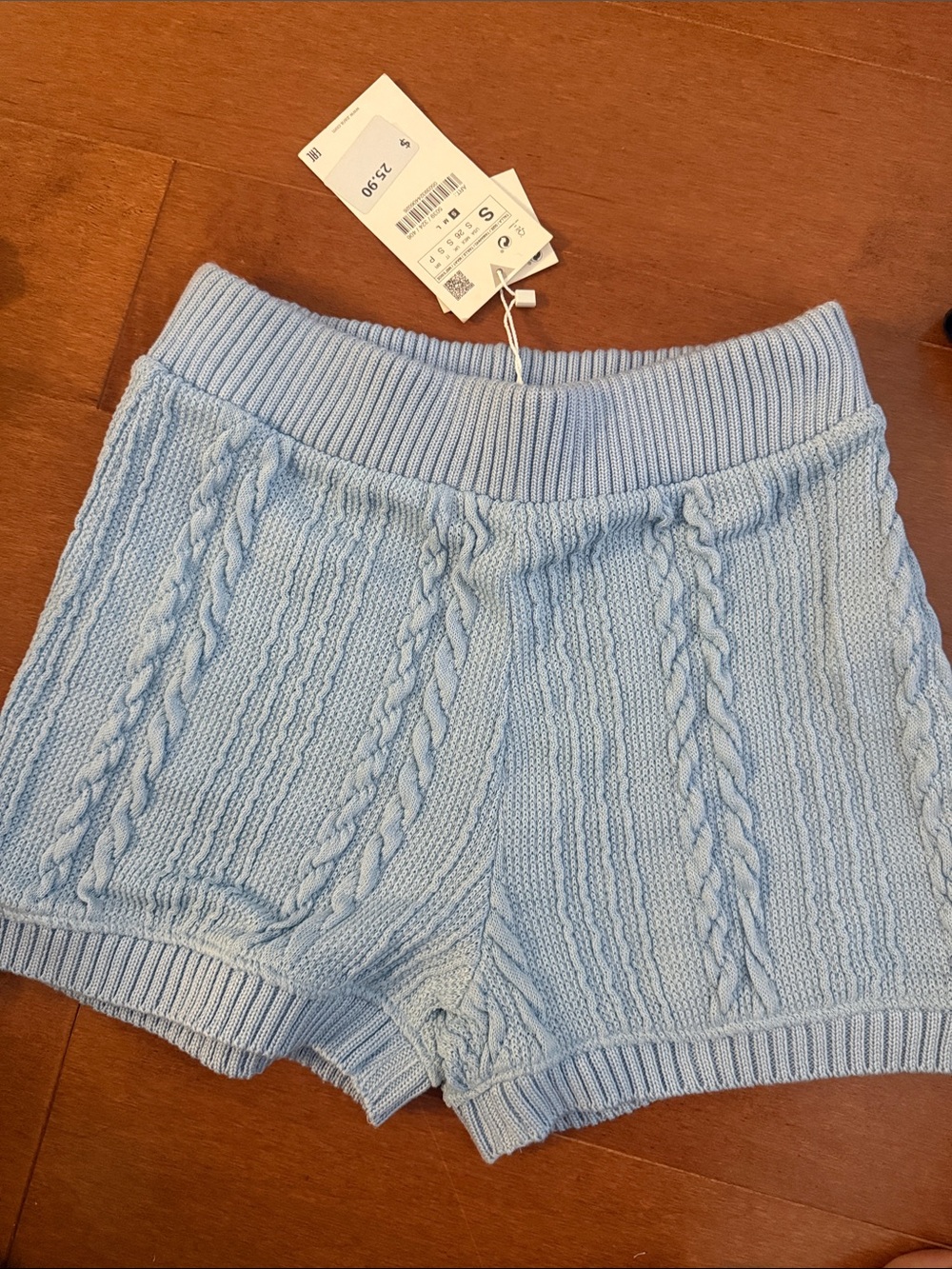Zara Light Blue Cable-Knit High-Waist Shorts